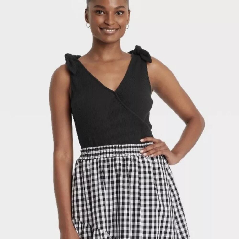 Who What Wear Surplice Wrap Tank Top XS Black Ribbed Shoulder Bow Stretch Cotton